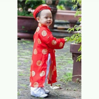 Áo dài Truyền thống Bé Trai đỏ Xu Gấm Thái tuấn  Áo + quần + Nón khăn xếp  