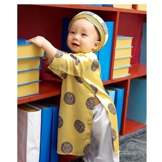  Áo Dài truyền thống Vàng Đồng bé Trai Gấm Thái Tuấn  Áo + Quần + Nón khăn xếp  