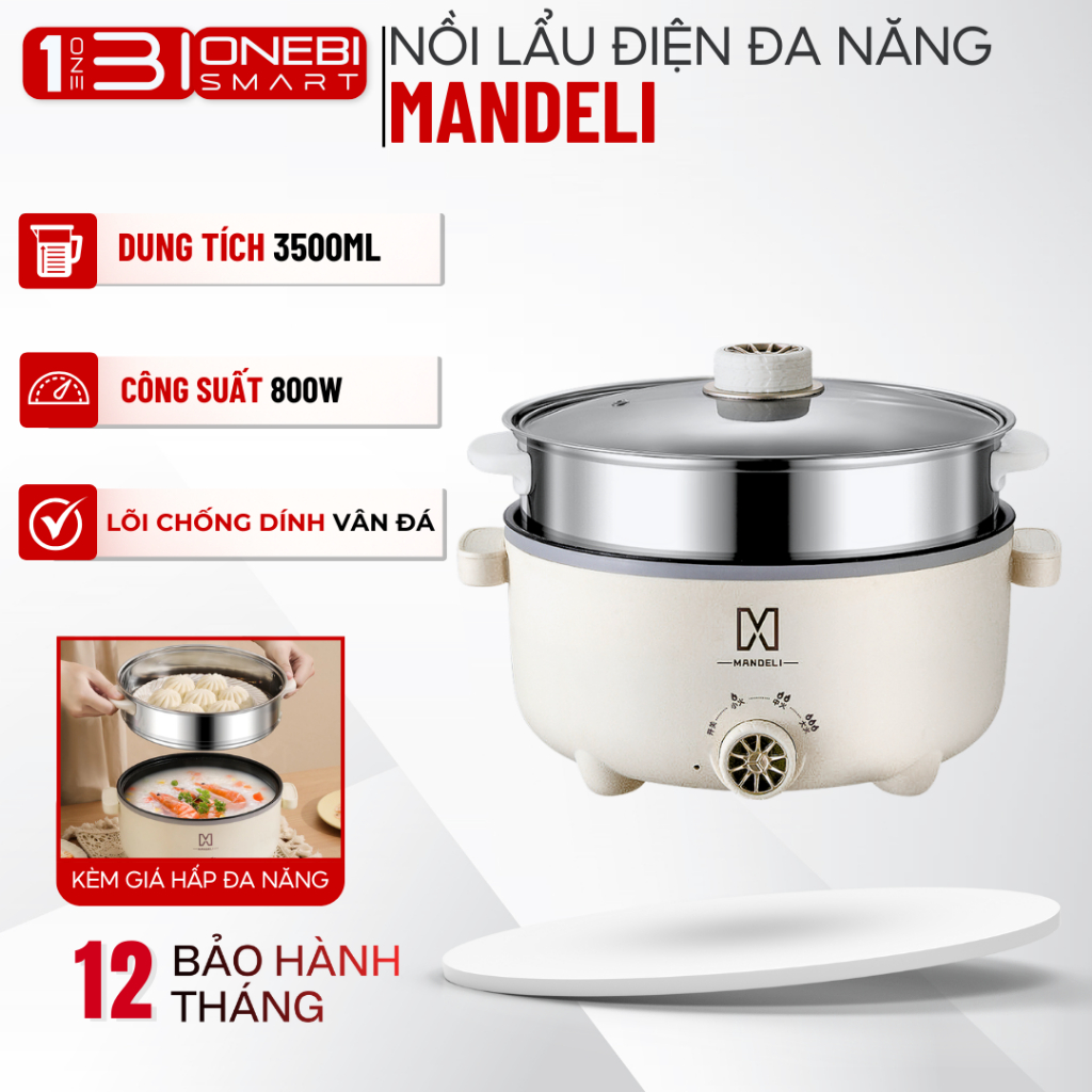 Nồi Lẩu Điện Đa Năng MANDELI 2 Tầng Size 28cm Dung Tích  3.5L, Công Suất 1000W, Chống Dính Vân Đá Cao Cấp