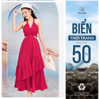 Đầm maxi 2 dây khoét eo HeraDG thiết thân áo nhún, chân váy bèo tầng lệch thích hợp các dịp du lịch biển SDPBC6134
