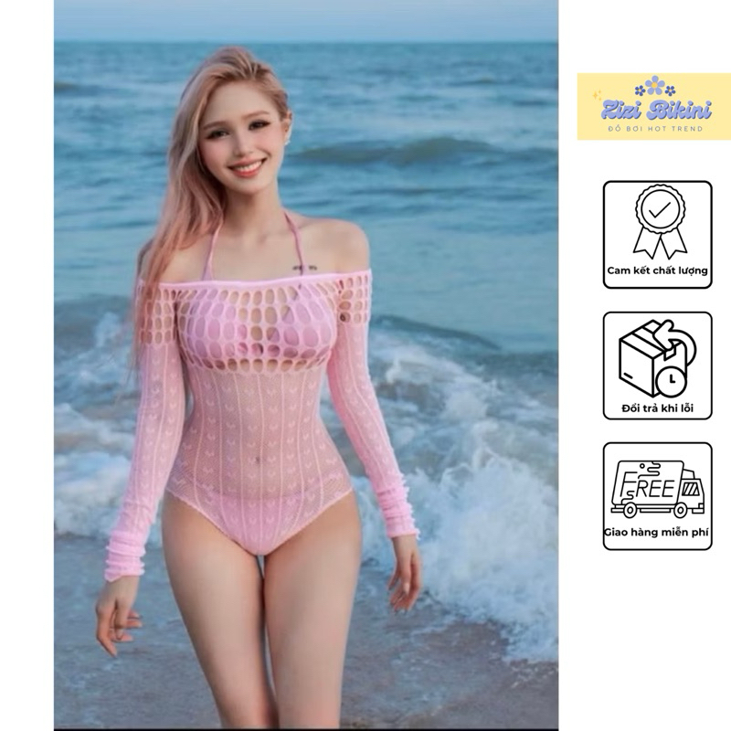 (CHƯA KÈM BIKINI) Bodysuit lưới trễ vai màu hồng Xoài Non hoạ tiết tim mặc ngoài bikini