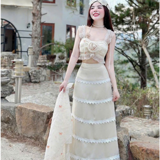 Set váy nữ 3 món thiết kế, set áo 2 dây voan tơ crotop bèo đính hoa mix chân váy xòe dài chất mango phối ren kèm khăn