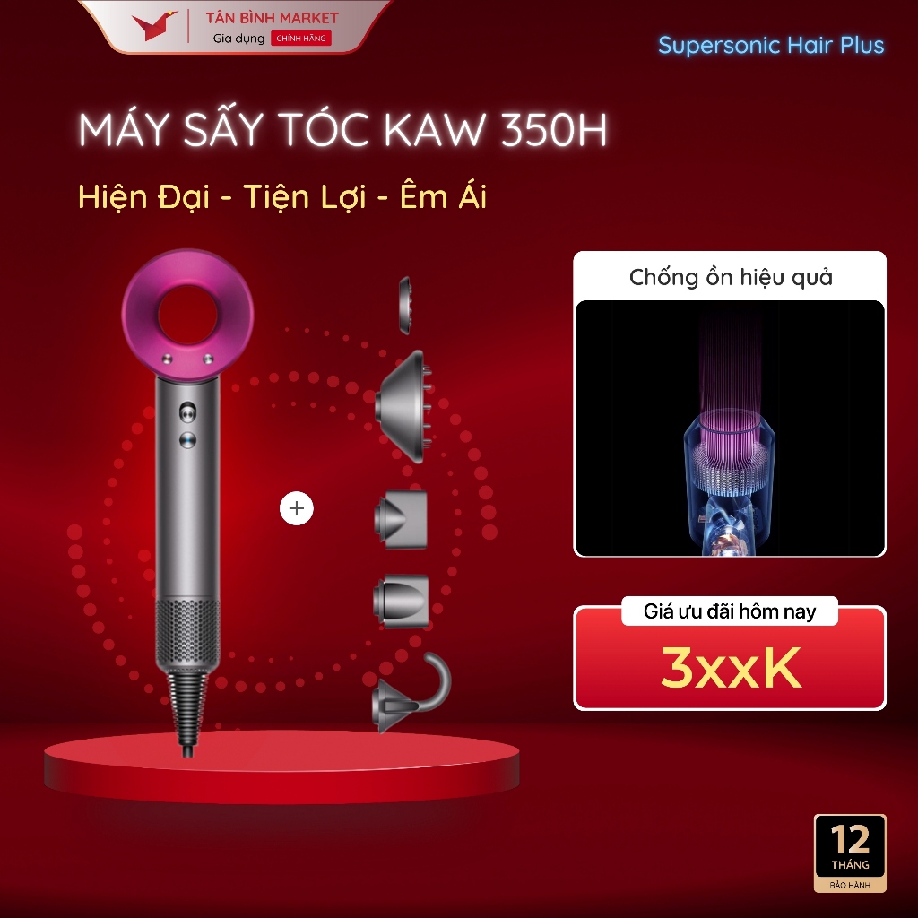 Máy sấy tóc Kaw K3500- Công Suất 1600w, Công Nghệ Ion Âm, Chống Ồn, Kèm 5 Phụ Kiện