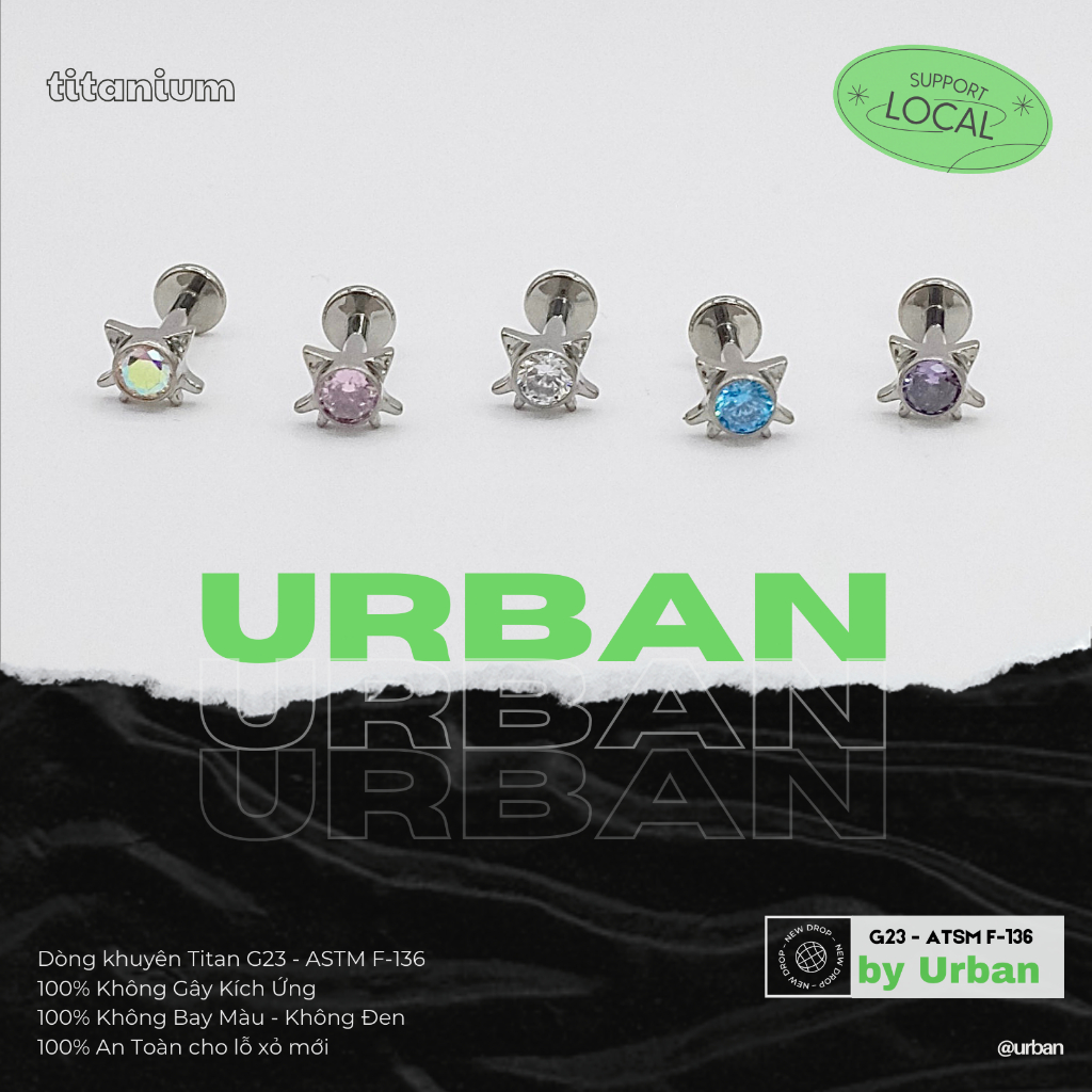 [1 Mặt Khuyên] Khuyên tai, chất liệu titan G23 F136 MẶT MÈO Không Bay Màu Không Ngứa urban  [XỎ]