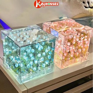 Đèn Ngủ LED Để Bàn Hoa Tulip Decor Vuông Tráng Gương Handmade Quà Tặng Sinh Nhật