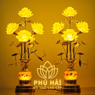 Đèn Thờ Hoa Sen Bình Ngọc Lưu Ly , Chân Đế Hợp Kim 5 Bông Sen Nở Ngọc Rủ Cao 60 65 72 80 cm