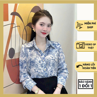 Áo Sơ Mi Nữ Lụa Hoạ Tiết Lá Xanh Lam, Áo Sơ Mi Công Sở Nữ Màu Xanh