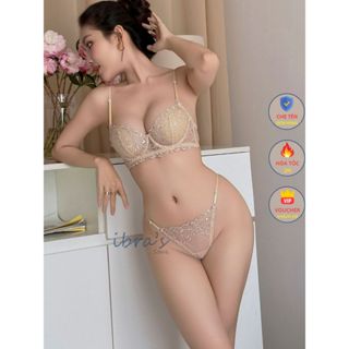 Bộ Đồ Lót Nữ Ren Hoa Thêu Lưới Xuyên Thấu Sexy iBra, Áo Có Gọng Không Mút và Quần Lọt Khe Dây Hông Gợi Cảm Quyến Rũ E38