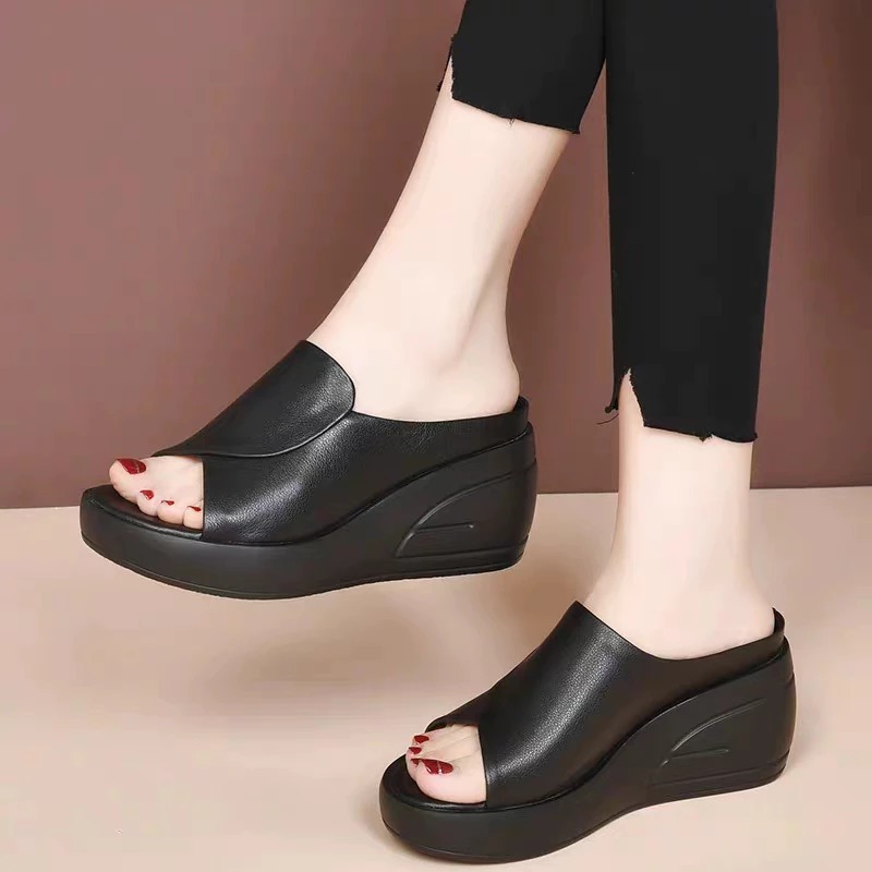 Dép đế xuồng da thật chống thấm 7cm tôn dáng, mẫu đẹp – Size 35–40
