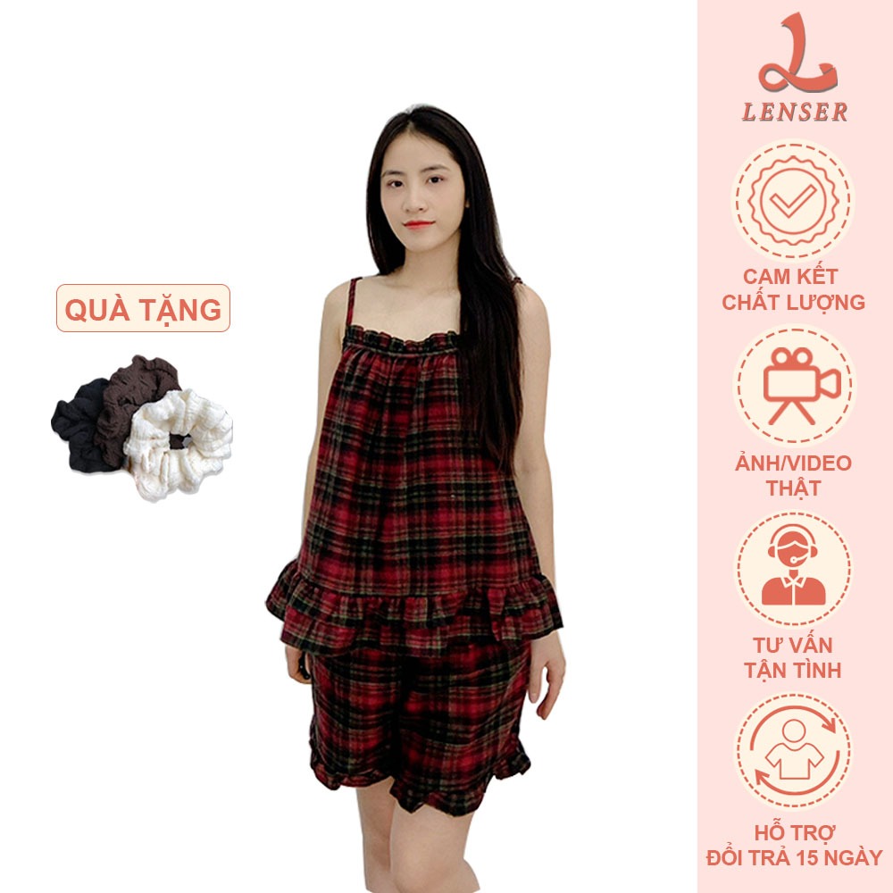 Đồ ngủ nữ, bộ mặc ở nhà 2 dây phối bèo cho nàng siêu xinh  [dây nhỏ có tăng chỉnh] LenSer