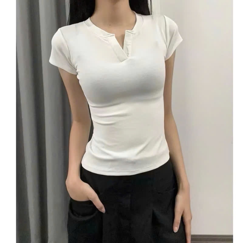Áo thun cổ trụ tàu form ôm - áo baby tee cổ trụ ôm body chất liệu thun bo gân co giãn ACTRU-04. | BigBuy360 - bigbuy360.vn