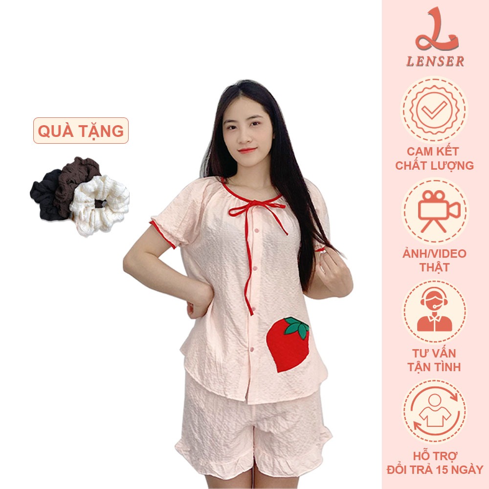 [ Bộ Đồ Ngủ ĐÙI ] Dâu Tây Thắt Nơ Xinh Xắn Áo Tay Ngắn Quần Ngắn Lenser [ HÀNG CAO CẤP]