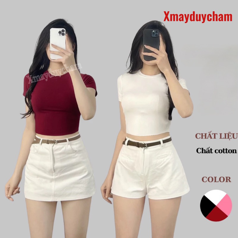 Áo Thun Cotton Mịn Croptop Nữ Ôm Body Quyến Rũ Cổ Tròn Cộc Tay Basic mùa hè m682 | BigBuy360 - bigbuy360.vn