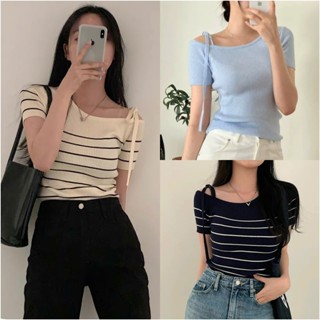Áo len trễ vai tay ngắn nữ kiểu lệch vai thun dệt kim dáng ôm body len mongtoghi kẻ ngang Quảng Châu