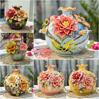 Bình hoa hút lộc đắp nổi Gốm sứ Bát Tràng lọ hoa vuốt tay hoa hồng mẫu đơn trang trí phòng khách