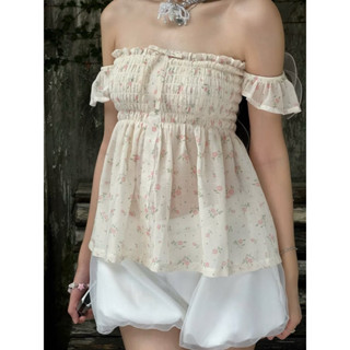   Sẵn  Áo trễ vai hoạ tiết hoa nhí mặc mùa hè 