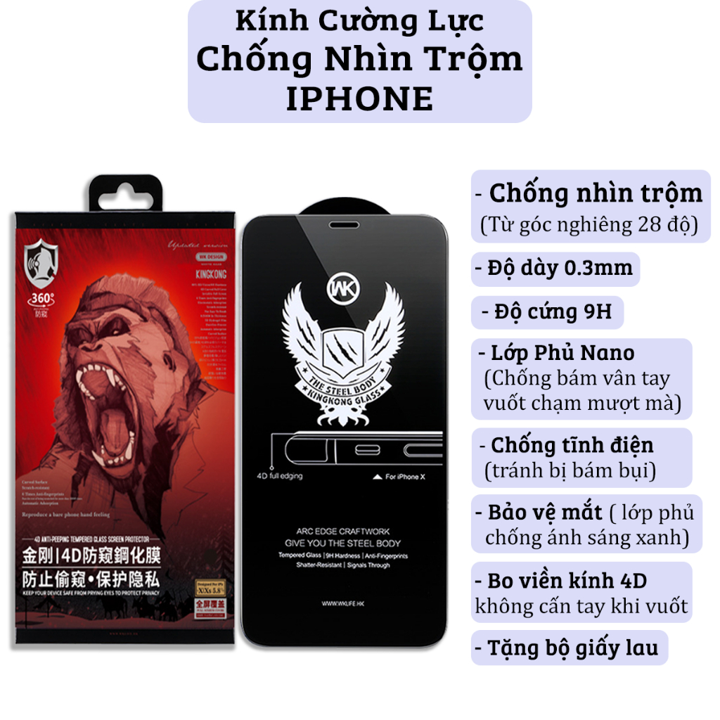 Kính cường lực chống nhìn trộm iphone full màn Ip 6 đến Ip 16,cường lực kingkong chống nhìn trộm