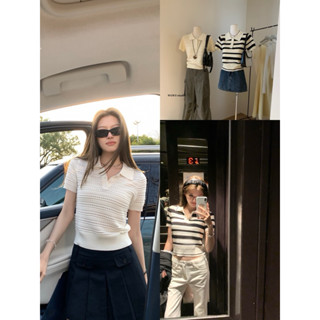 mie studio - /WGWE/ #w5424 Áo len dệt có cổ cài cúc ngắn tay basic