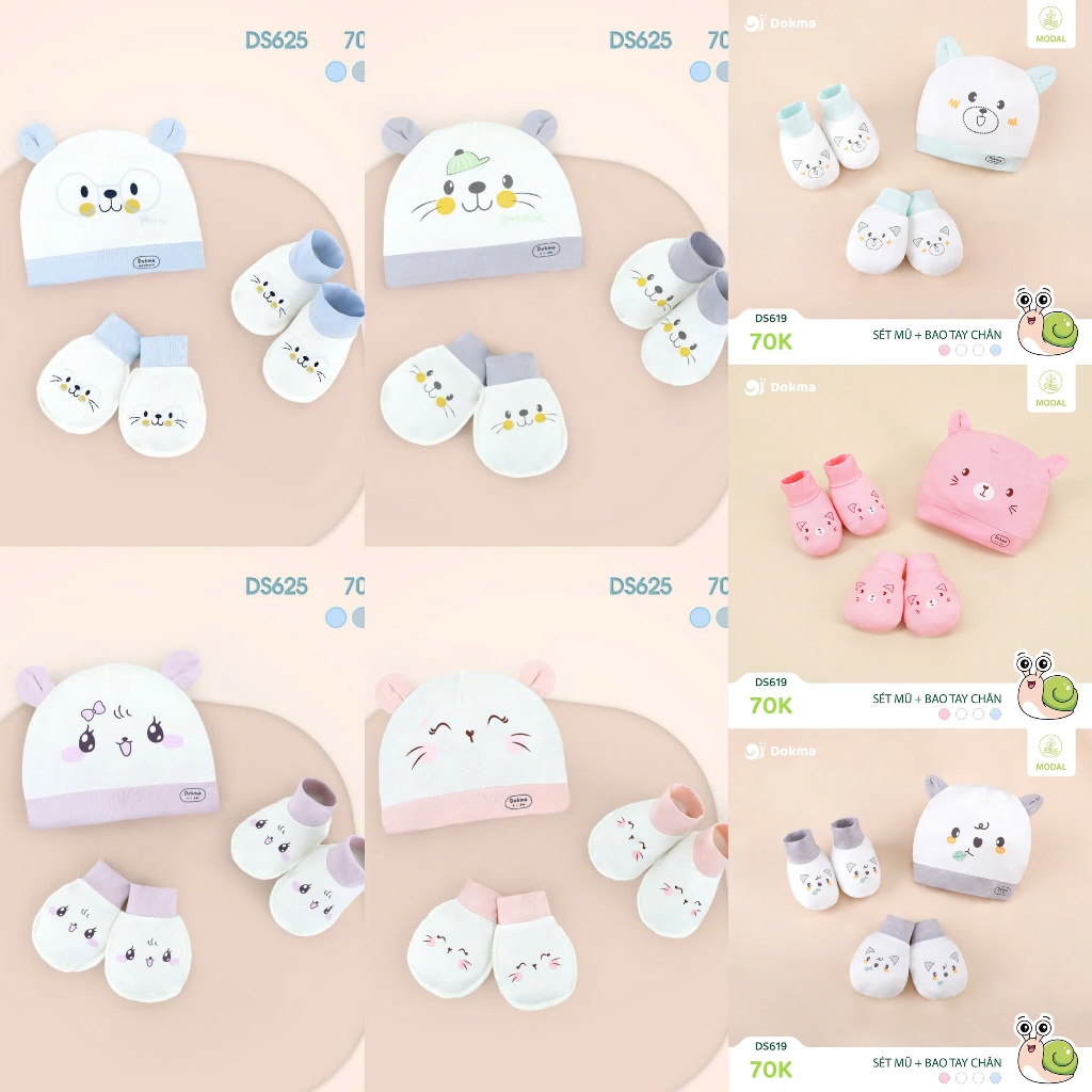 Dokma New Set Nón Mũ, Bao Tay-Bao Chân Dokma Cho Bé Từ Sơ Sinh Nhiều Mẫu
