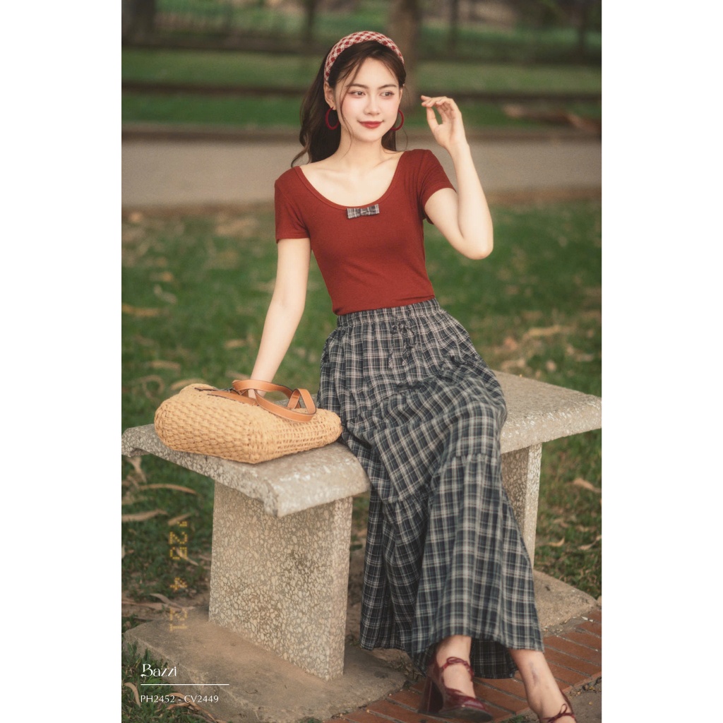 Áo phông trơn đính nơ caro thiết kế Bazzi - Ảnh thật tự chụp