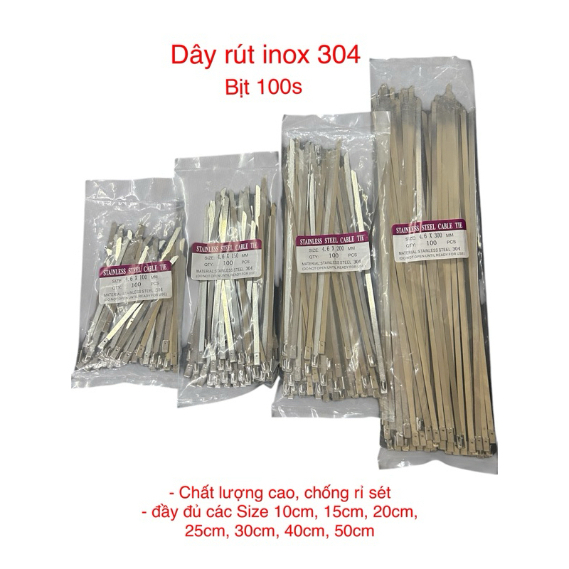 (Bịt 100 sợi )Dây Rút Inox 304, Dây Thít Inox Không Rỉ, Dây Rút 304Dùng Ngoài Trời