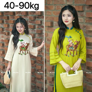   40-90kg  Áo dài đũi vân may thêu tranh đông hồ áo dài cách tân suông bigsize  aodailynka88 