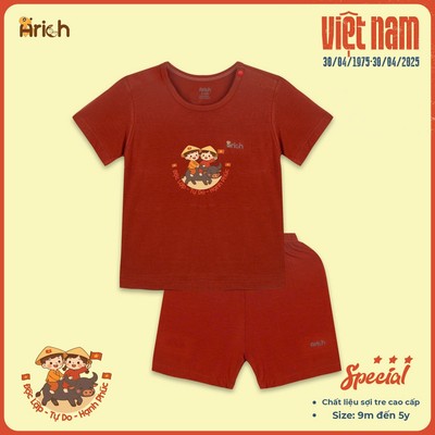 Bộ cộc tay cài vai trẻ em Arich,mùa hè,vải sợi tre in Em bé yêu nước cho bé trai,gái từ 9 th-6 tuổi