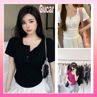 Áo ThunTăm Màu Trơn Cộc Tay Cổ U Form Vừa Phối Cúc Ngực Kiểu Dáng Basic Lên Dáng Siêu Xinh- Gucar Fashion