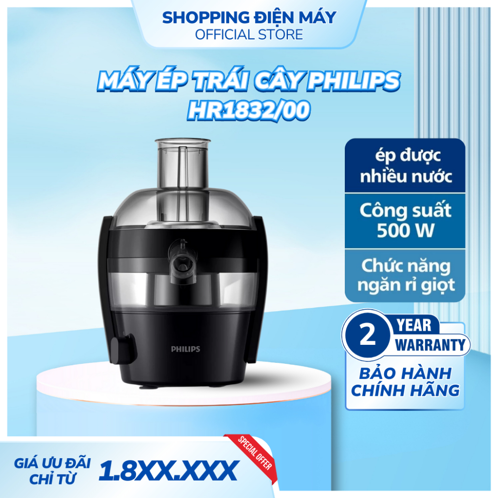 Máy ép trái cây Philips HR1832/00 500W Hàng Chính Hãng, Tối ưu dinh dưỡng, Tiết kiệm thời gian.