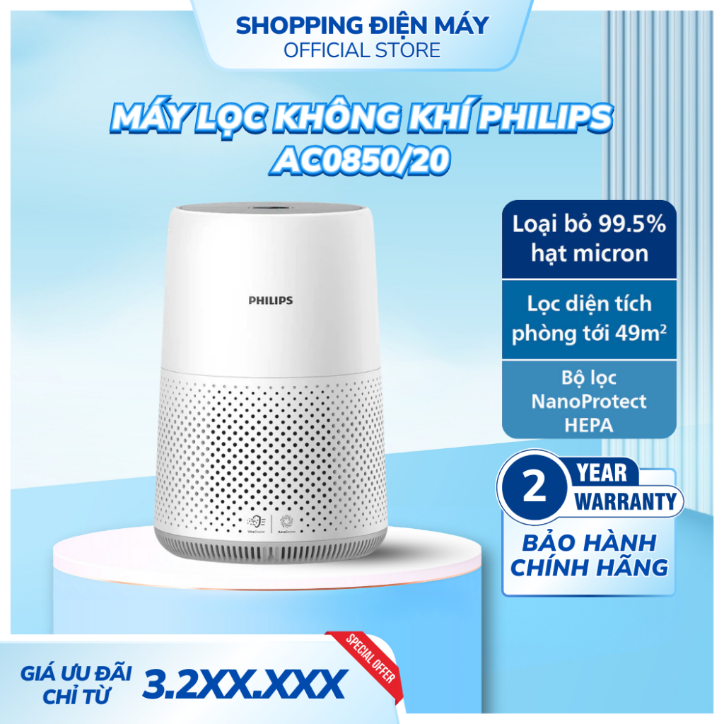Máy Lọc Không Khí Philips AC0850 /20 |Nhỏ gọn, làm sạch trong chưa đầy 16phút, khong khí trong lành