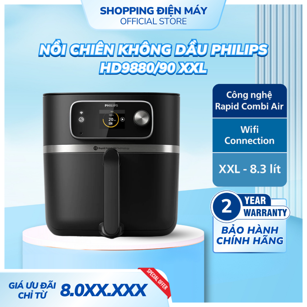 Nồi Chiên Không Dầu cao cấp Philips HD9880/90 XXL Connected 2000W, hàng chính hãng, tốt cho sức khỏe