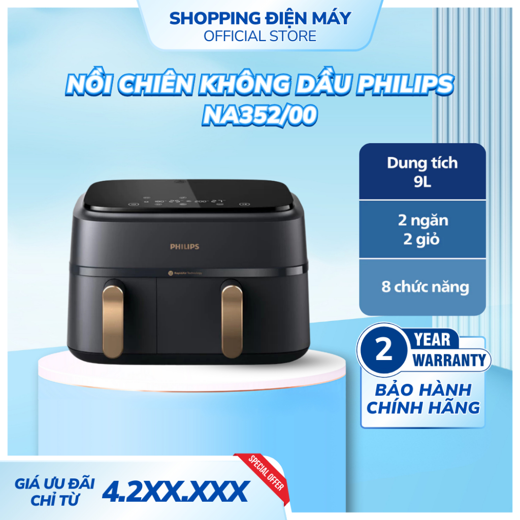 Nồi Chiên Không Dầu 2 ngăn 2 giỏ Philips NA352/00 | 2750W | 9 lít, dung tích lớn cho cả gia đình