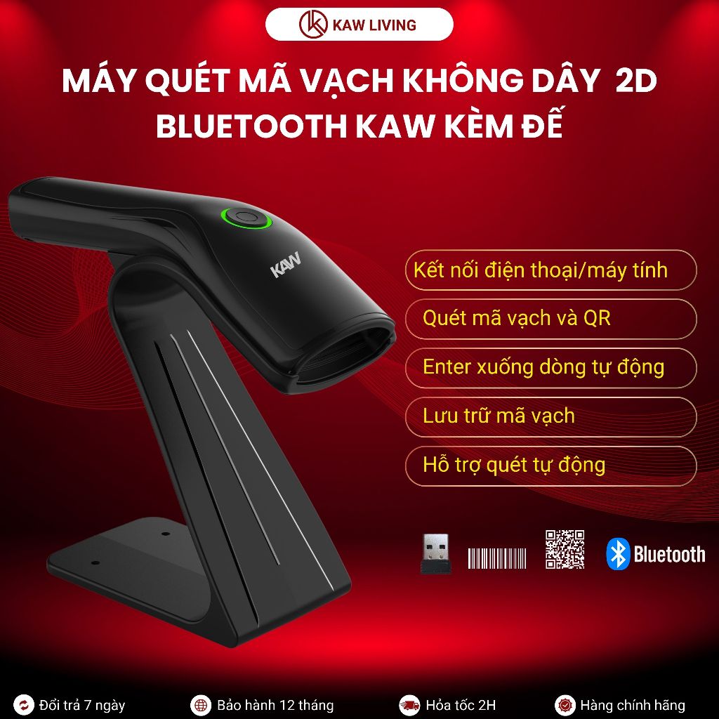 Máy quét mã vạch không dây cao cấp KAW, kết nối Bluetooth điện thoại Quét mã vạch 1D 2D, quét QR