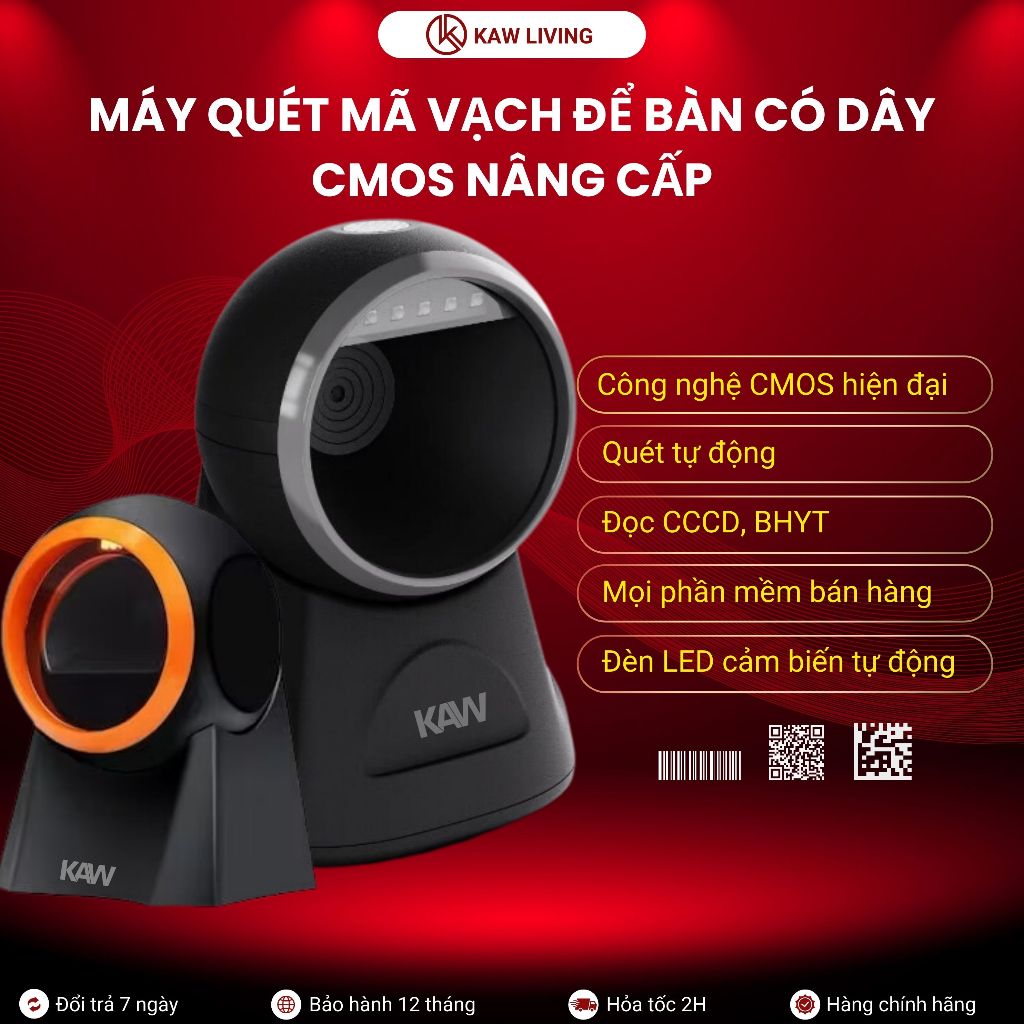 Máy quét mã vạch đa tia để bàn KAW, công nghệ CMOS, quét QR, 2D, Quét liên tục phần mền bán hàng