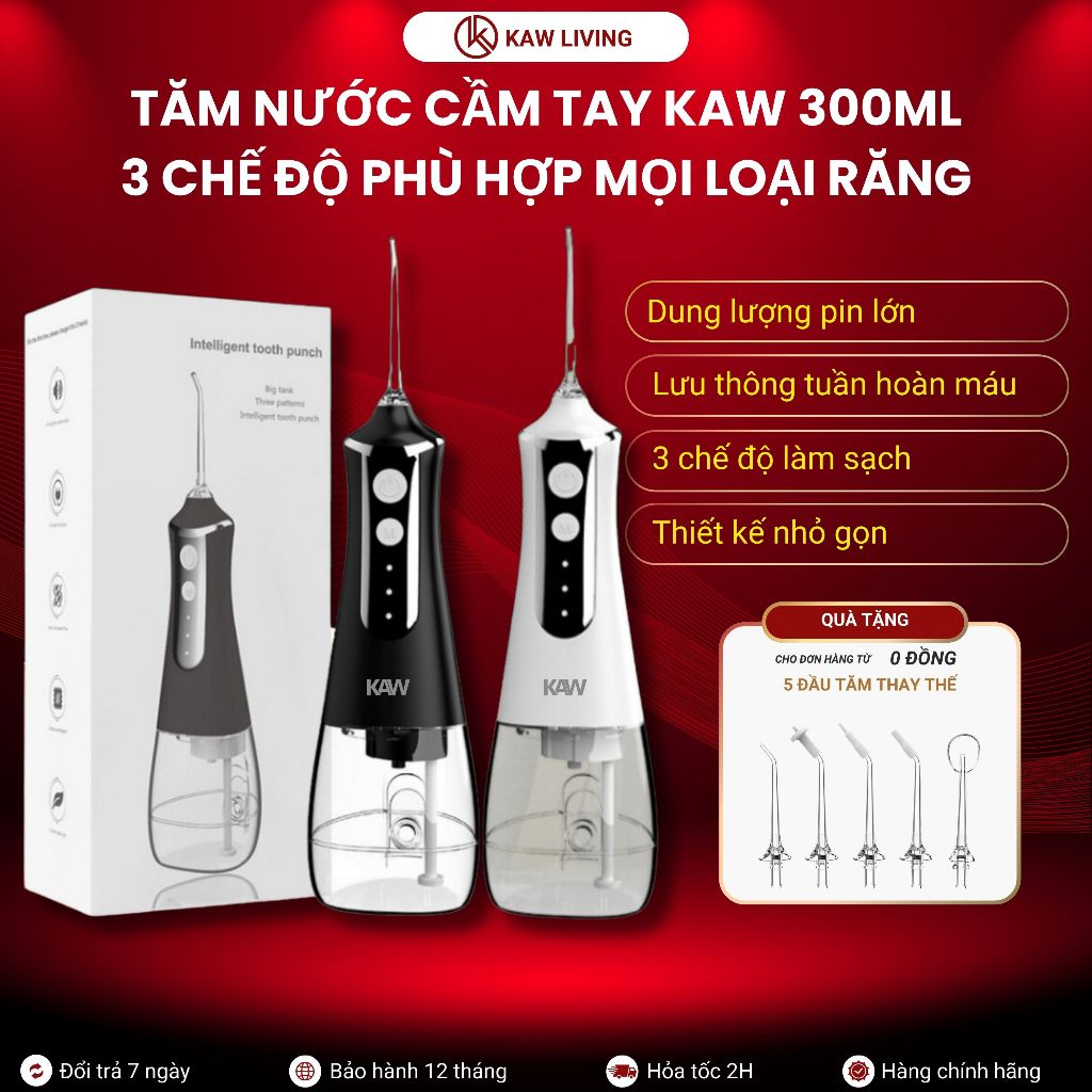 Tăm nước cầm tay vệ sinh răng miệng KAW 386F 300ml, sử dụng dễ dàng, tặng kèm 5 đầu tăm BH 12 Tháng