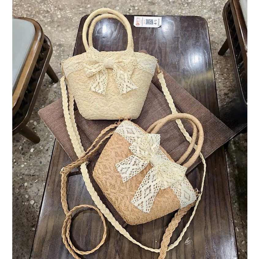 Combo Túi cói nhỏ đeo chéo nơ ren + mũ vành nhỏ nơ ren | BigBuy360 - bigbuy360.vn