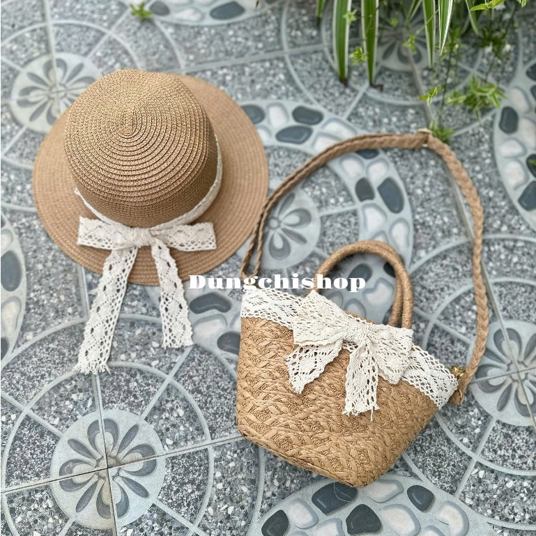 Combo Túi cói nhỏ đeo chéo nơ ren + mũ vành nhỏ nơ ren | BigBuy360 - bigbuy360.vn