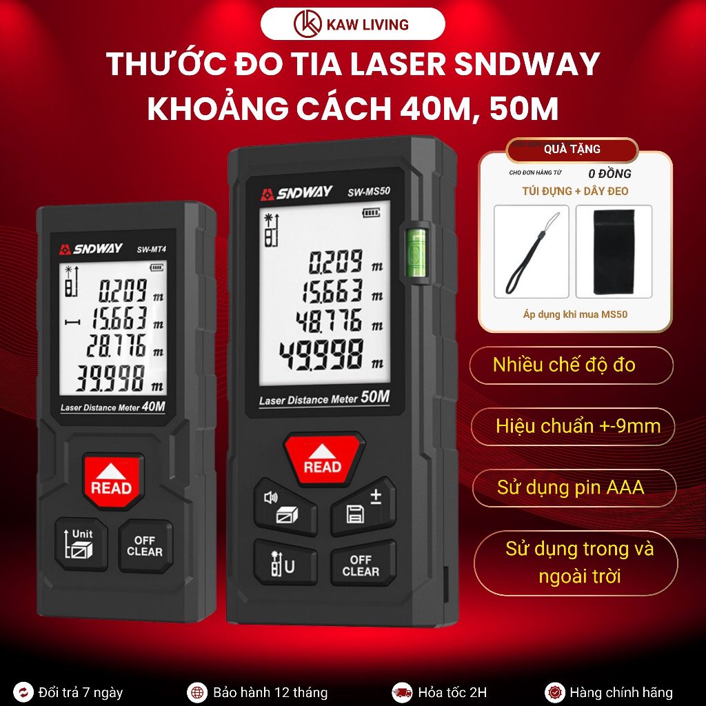 Thước đo khoảng cách bằng tia Laser KAW SNDWAY SW hiện đại, chính xác, dễ sử dụng, BH 12 Tháng
