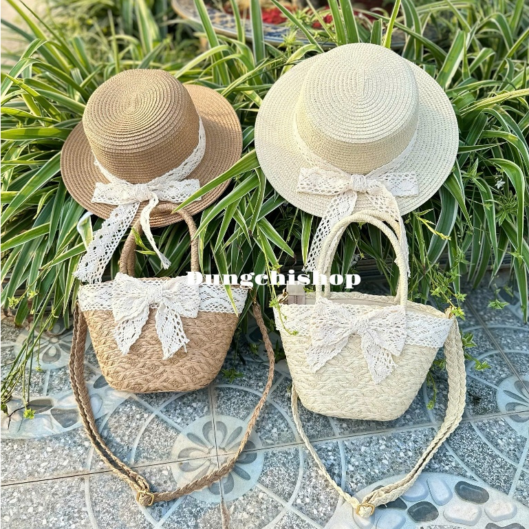 Combo Túi cói nhỏ đeo chéo nơ ren + mũ vành nhỏ nơ ren | BigBuy360 - bigbuy360.vn