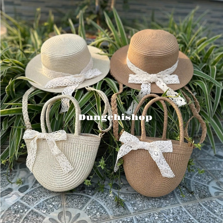 Combo Túi cói nhỏ đeo chéo nơ ren + mũ vành nhỏ nơ ren | BigBuy360 - bigbuy360.vn