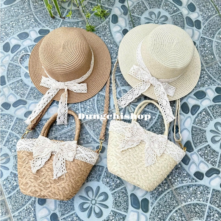 Combo Túi cói nhỏ đeo chéo nơ ren + mũ vành nhỏ nơ ren | BigBuy360 - bigbuy360.vn
