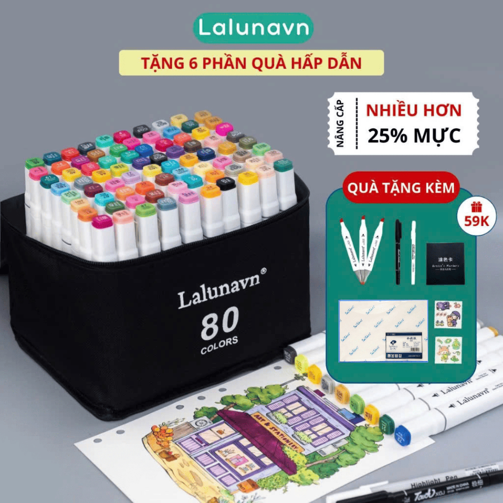 Bút màu Marker Lalunavn gốc cồn quà tặng  họa cụ tô màu dạ vẽ tranh anime Bộ 30/60/80 -B66