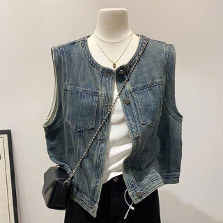 Áo gile jean bò nữ GIẢ TÚI khuy cài mẫu trẻ trung basic