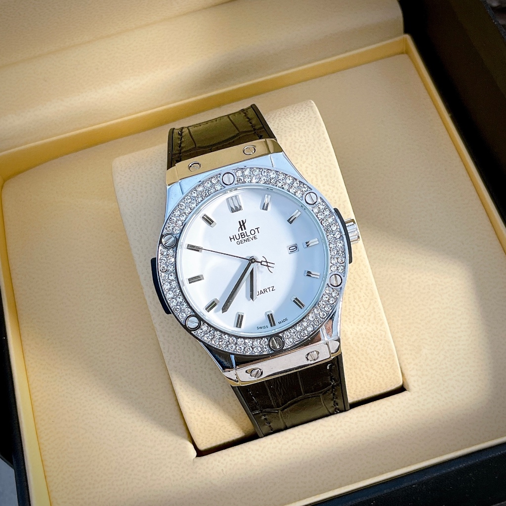 Đồng Hồ Nam HB, Size mặt 42mm, Viền Đính Đá, Dây Da & Cao Su, Dành Cho Nam Bảo Hành Máy 6 Tháng