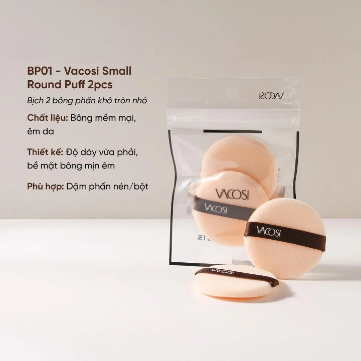 Bịch 2 bông trang điểm khô tròn & vuông tròn BP01/BP02 Vacosi
