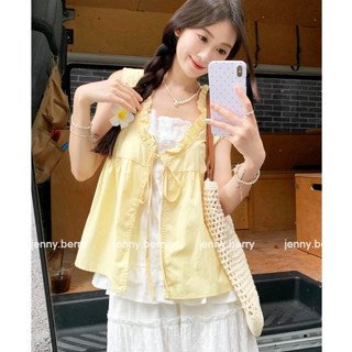 Lolie Top - Áo kiểu nữ babydoll may liền áo hai dây sát nách thắt nơ phối ren