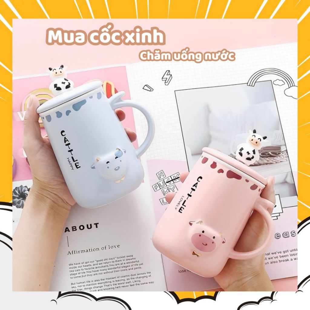 [Hộp + Túi] Cốc Ly Sứ Bò Sữa Dễ Thương Có Nắp, Muỗng, Phong Cách Hàn Quốc, Quà Tặng Xinh Xắn Cho Bạn