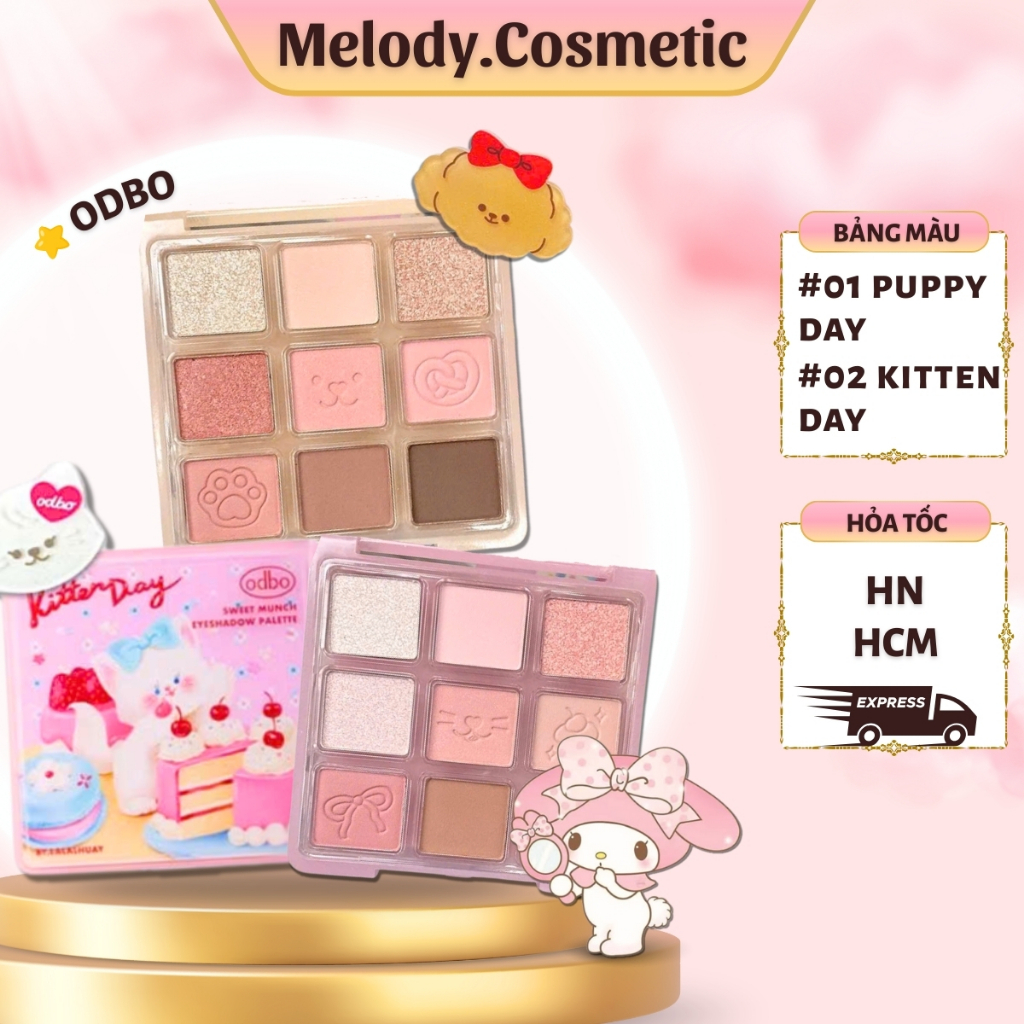 [ODBO] Bảng Mắt Odbo 9 Ô Puppy Day & Kitten Day MELODY.COSMETIC Od2024 Tặng Kèm Kẹp Tóc Cute 9g C487