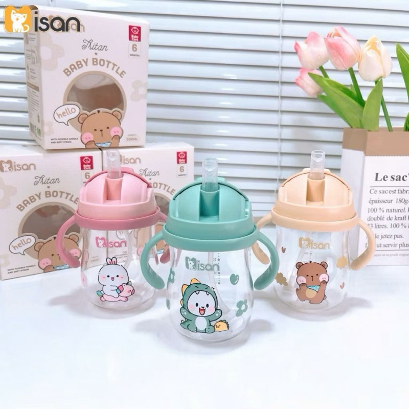 Bình nước tập hút Isan Jubon có ống hút silicon – 300ml – Có tay cầm, dành cho bé từ 6 tháng