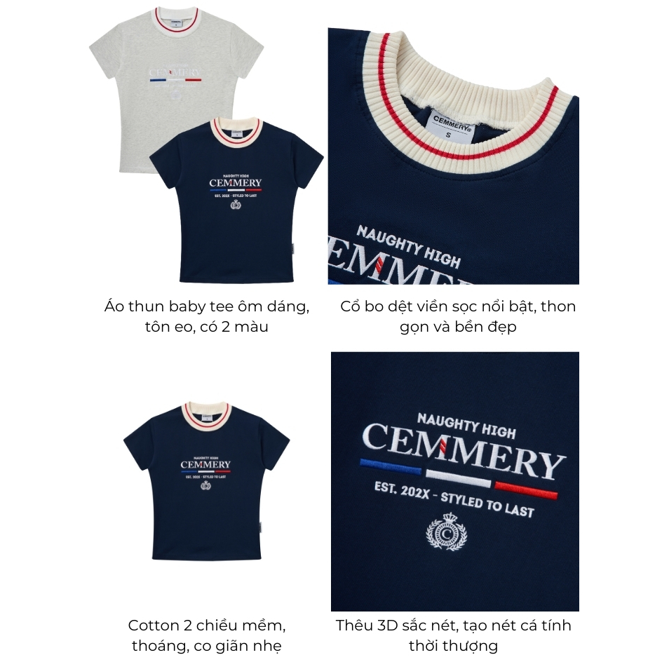 Áo Baby Tee CEMMERY Local Brand Chính Hãng Ivy Baby Tee Cotton 2 Chiều Cổ Dệt Bản To Hình Thêu 2 Màu | BigBuy360 - bigbuy360.vn